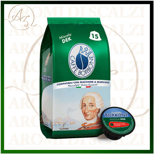Capsule compatibili Caffè Borbone Miscela Dek, per un espresso naturale e senza caffeina, compatibili con Nescafè Dolce Gusto.