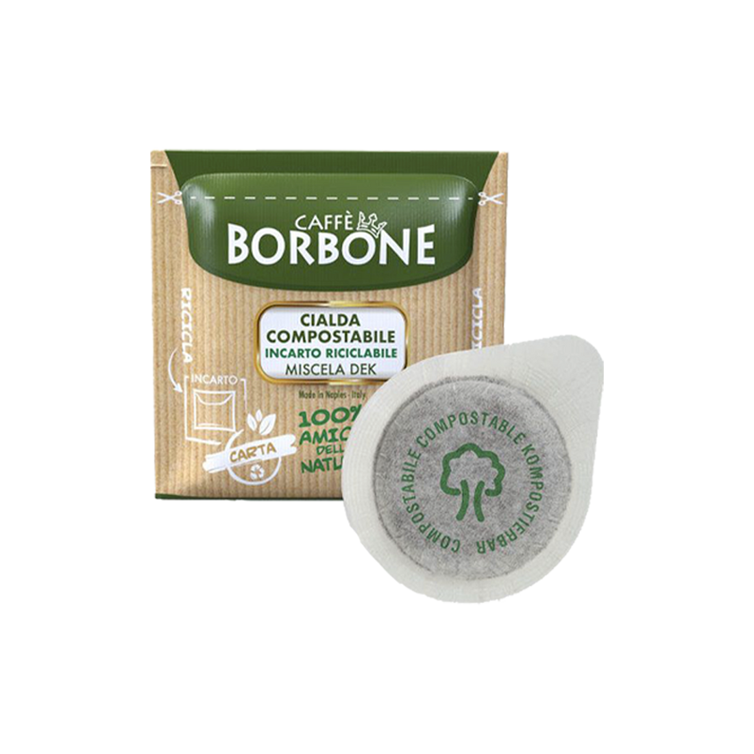 Miscela Dek/Decaffeinato di Caffè Borbone con cialde ESE da 44mm. Con un contenuto di 7,2g per una tazza di caffè decaffeinato dal gusto intenso, confezionate in atmosfera protettiva per preservarne l’aroma.