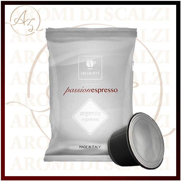 Capsule compatibili Lollo Caffè Miscela Argento 100, per un espresso tradizionale e corposo, compatibili con Nespresso.
